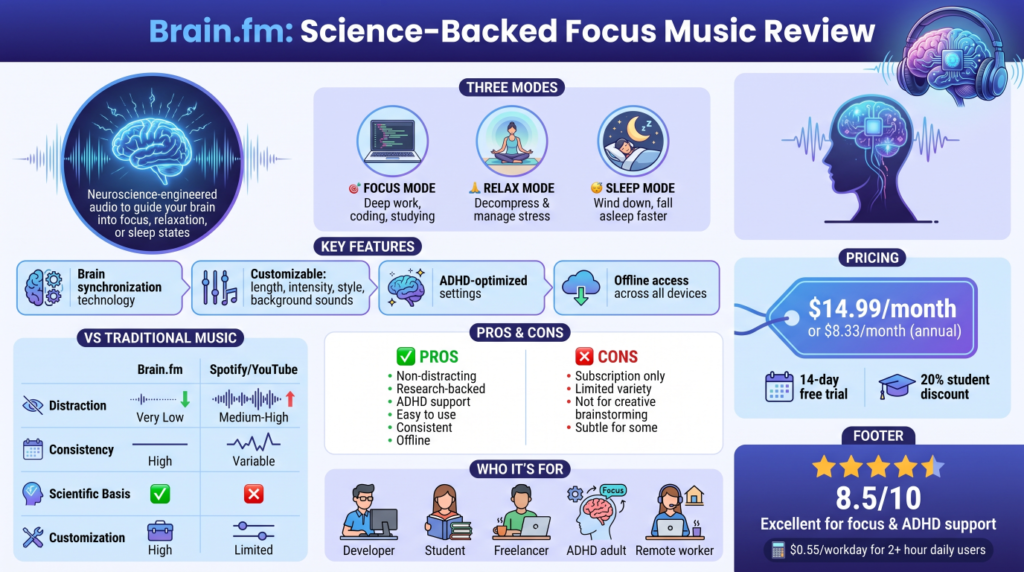 Focus music infographic brain.fm review
