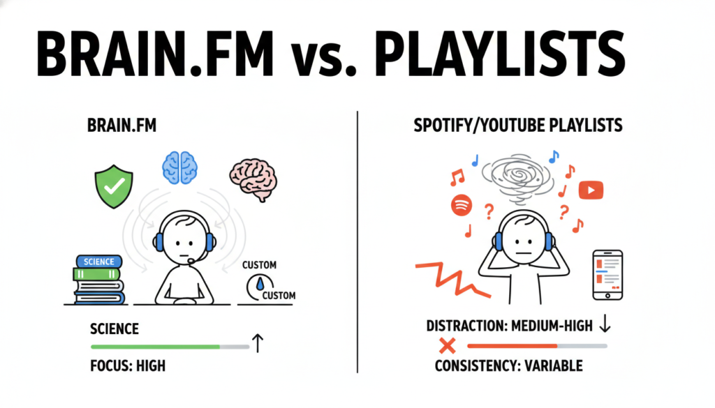 Brain.fm vs playlist, Spotify and Youtube