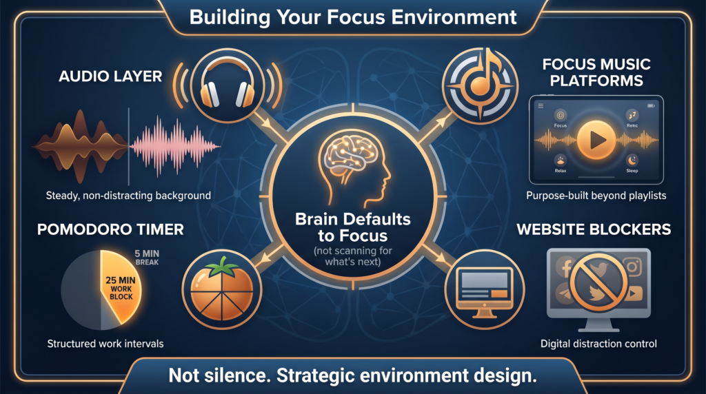 Building your focus environment, with website blockers, timer, focus music platforms and audio layers. 