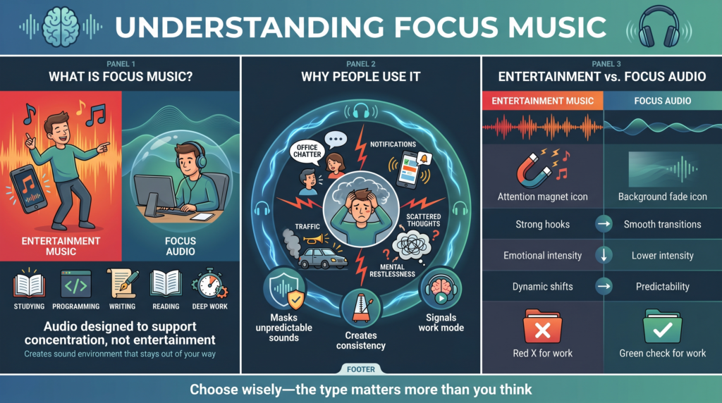 Understanding focus music. What is focus music, and why do people use it?
Entertainment vs. Focus audio.