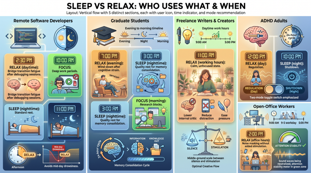 sleep vs relax: who uses what & when. Remote software developers, graduate students, freelance writers & creators, ADHD adults, and open-office workers.