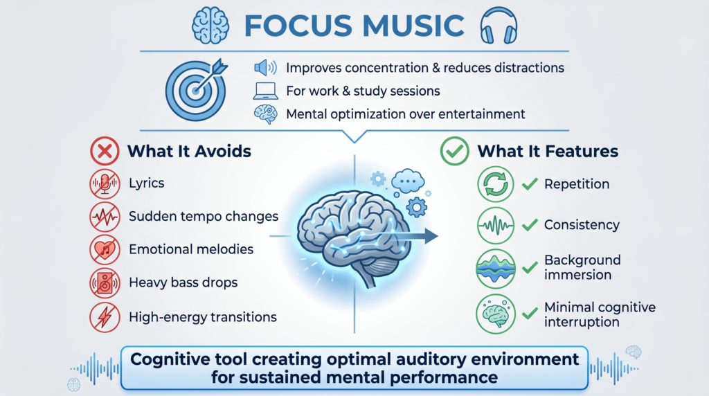 What is focus music? What does it avoid, and what features does it have?