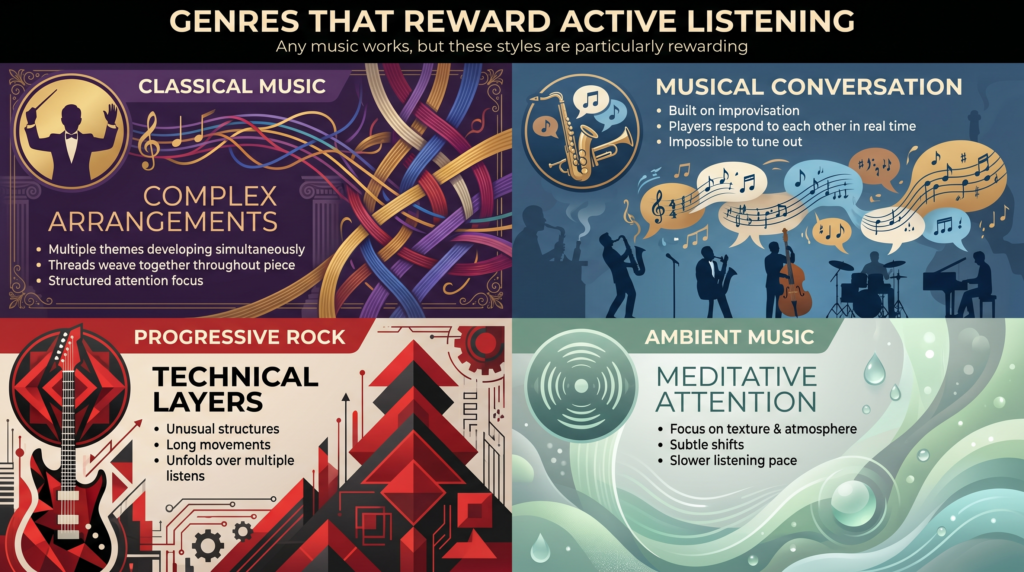 genres that reward active listening. Like classical music and Technical layers.