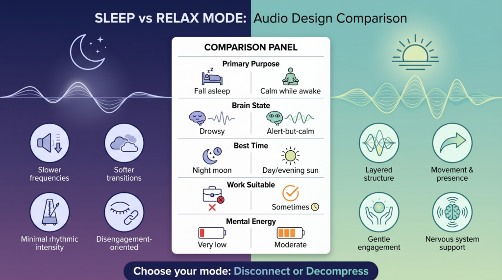 Sleep vs relax mode: audio design comparison. 