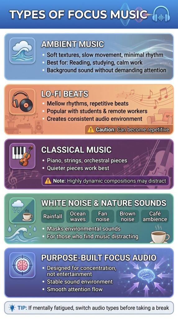Types of focus music. 