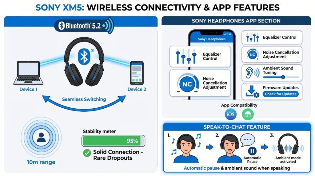 Sony XM5 Wireless Connection & App Features