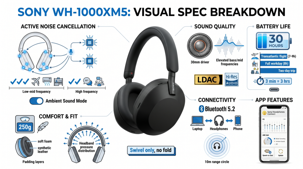 Sony WH-1000XM5 wireless noise cancelling headphones review with visual spec breakdown.