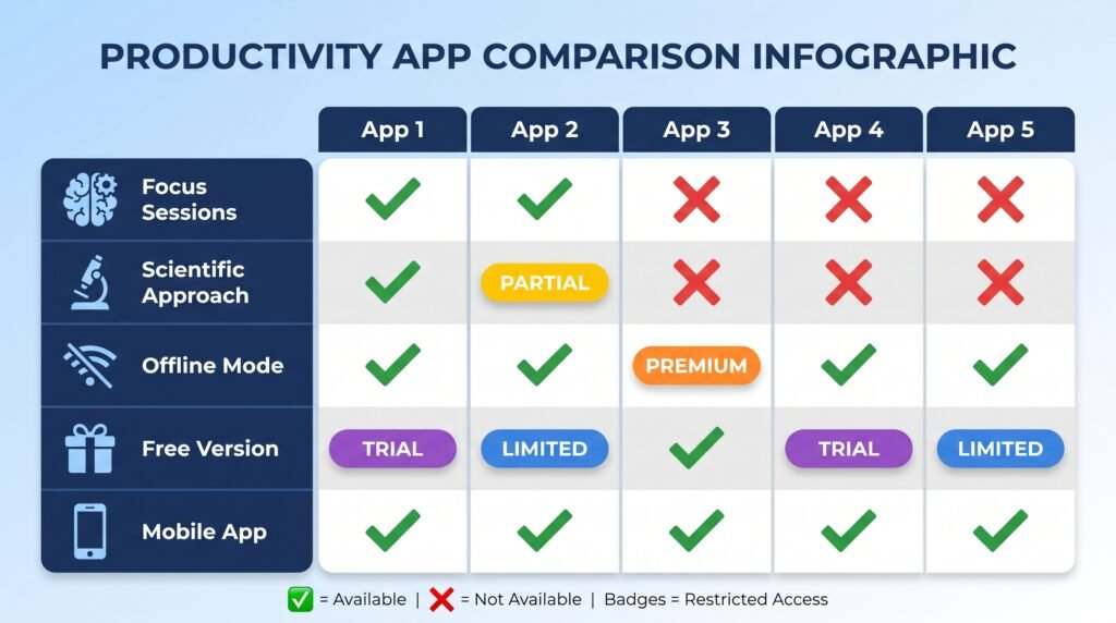 Focus music productivity app comparison infographic