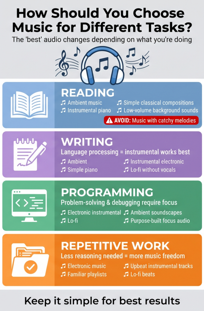 How should you choose music for different tasks?